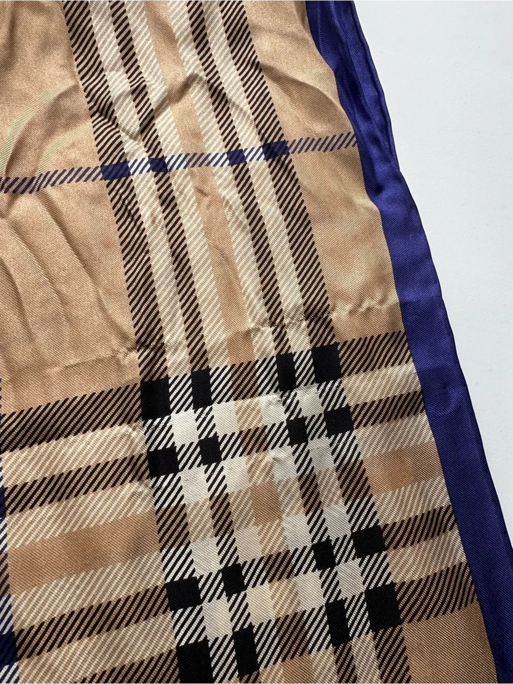 V. FRAAS 100% Silk Beige Plaid Scarf with Navy Satin Border
